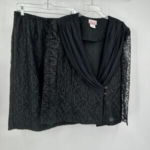Bonnell Womens Set Size 14 Vintage Black Lace Skirt Blouse Draped Collar Elegant